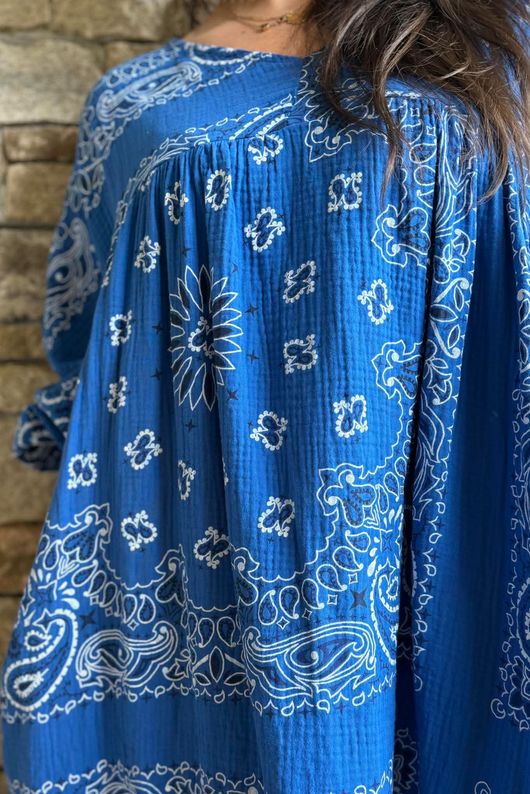 Kasbah Bubble Cotton Bandana Peasant Dress Malibu Blue